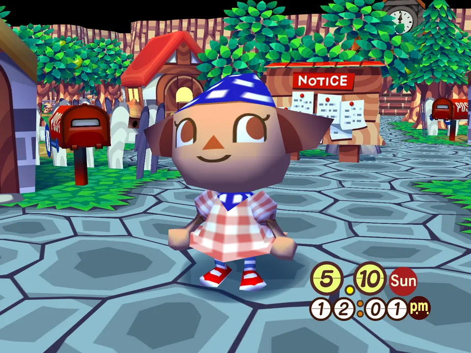 A player in a red gingham dress with a navy polka dot hat, standing in town.