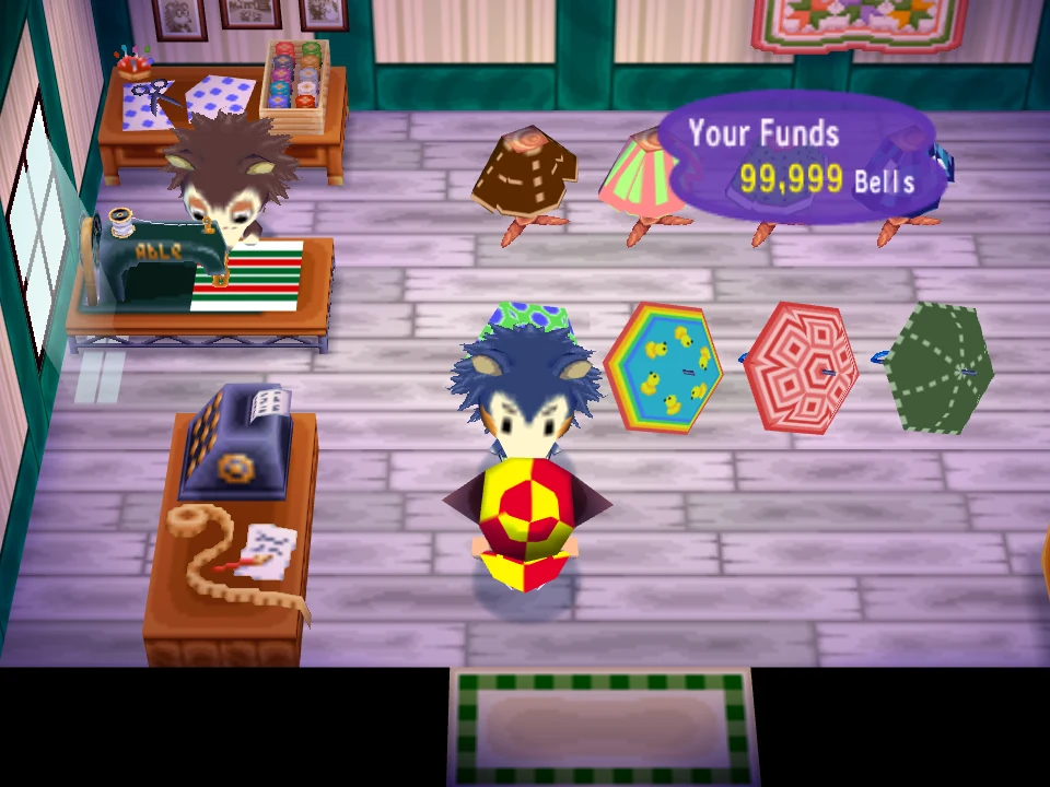 Inside the Able Sisters in Animal Crossing on GameCube: Mabel standing among the shirt racks and Sable at her sewing machine on the left.