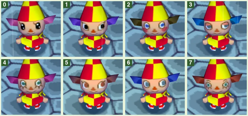 The eight female face types in Animal Crossing on GameCube on the same character, each labelled with its face number from 0 to 7.
