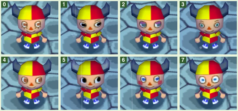 The eight male face types in Animal Crossing on GameCube on the same character, each labelled with its face number from 0 to 7.
