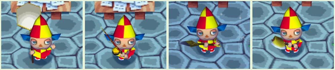 The four golden tools in Animal Crossing on GameCube held by a character, left to right: the golden net, golden rod, golden shovel and golden axe.