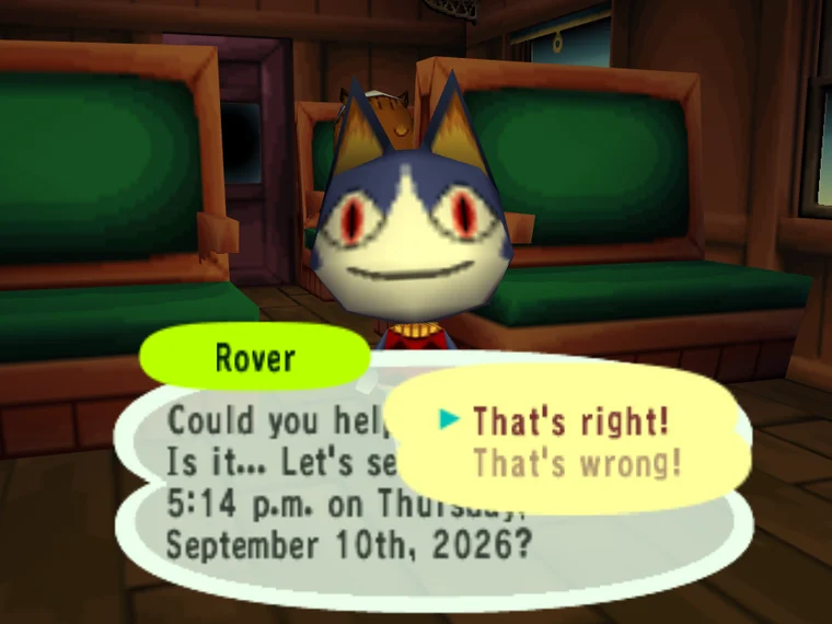Rover asking whether the date and time are correct, with the choices That's right! and That's wrong!