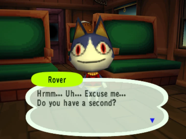 Rover the cat sitting on a train seat, saying: Hrmm... Uh... Excuse me... Do you have a second?