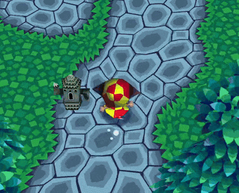 A player placing furniture and gyroids outdoors as full 3D models, a gyroid rocking gently