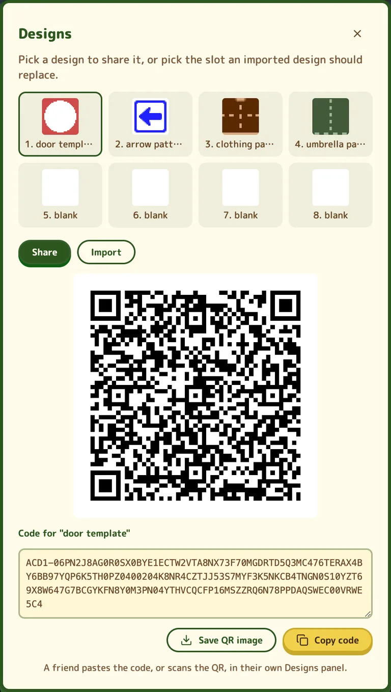 The Designs panel with a red and white door design picked, its QR code, and the code underneath ready to copy.