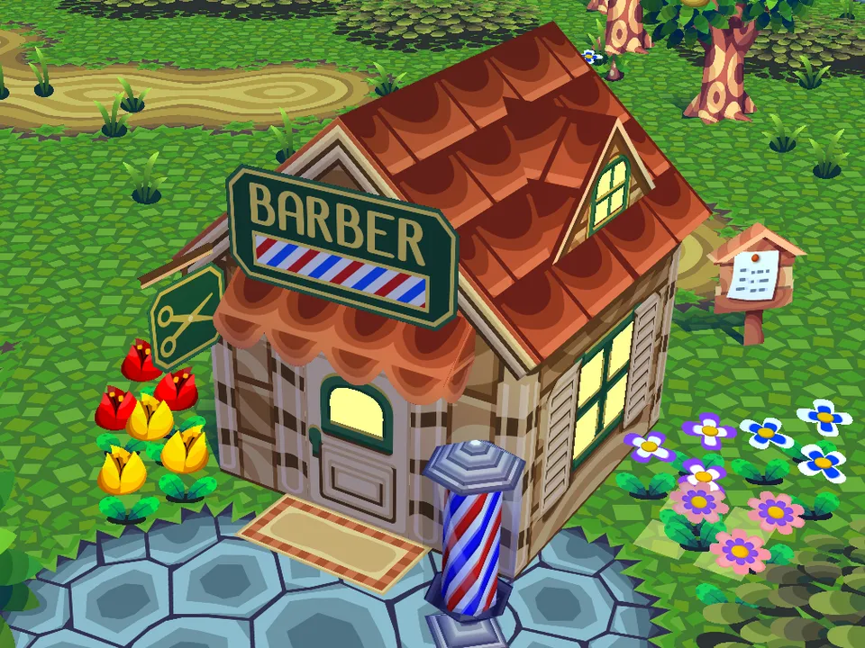 The barber shop in an Animal Crossing town on Play AC Online, with its green BARBER sign and barber's pole.