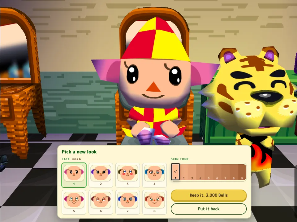 The Pick a new look panel in the barber shop on Play AC Online, with face and skin tone choices beside the player in the barber's chair.
